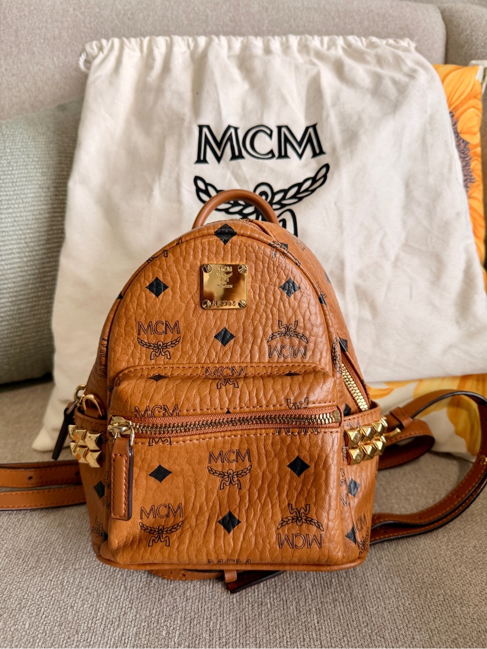 MCM Cognac Visetos Mini Backpack with Black Logo Print and Gold Hardware